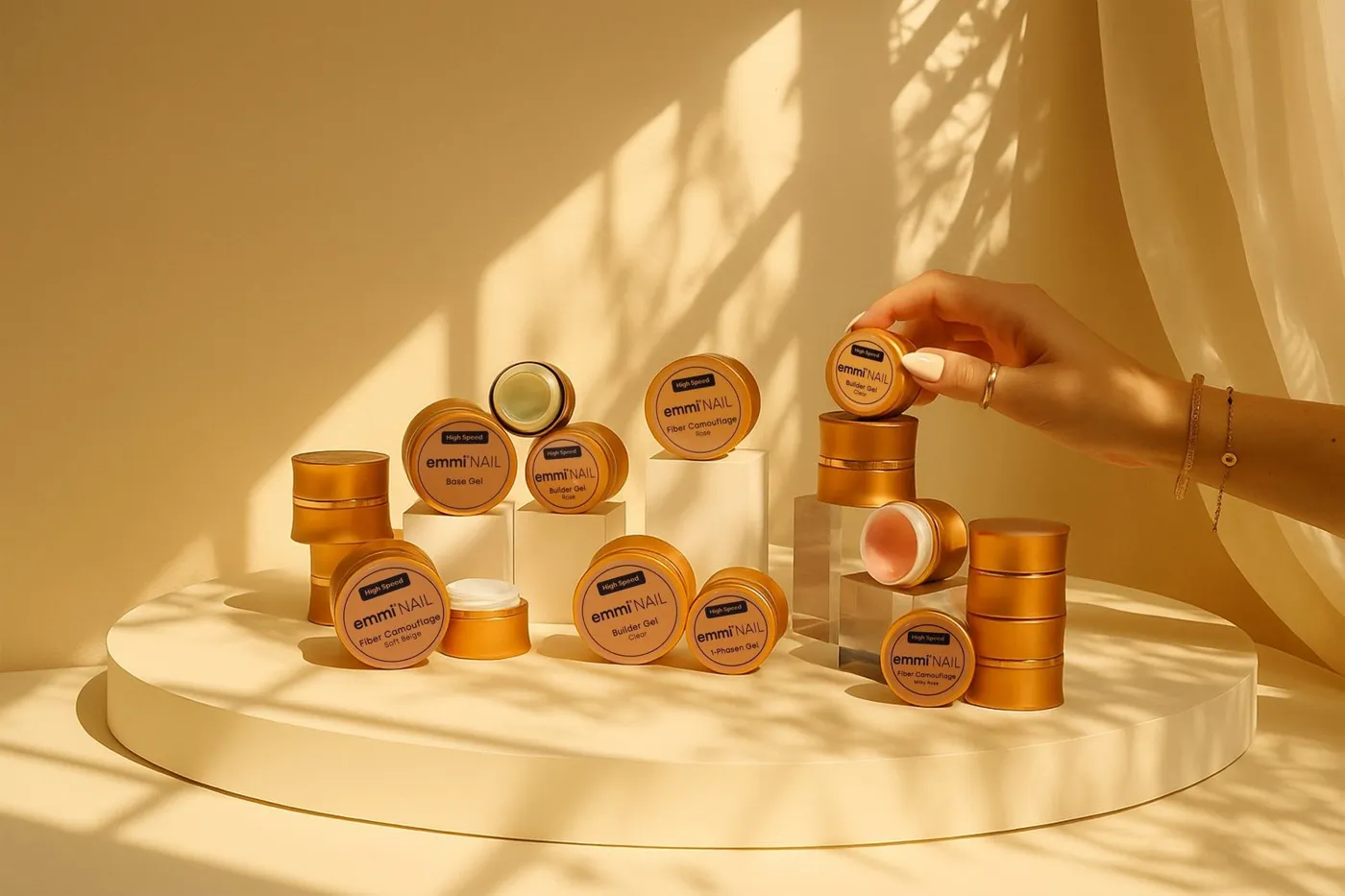emmi NAIL High Speed Gel jars in warm light